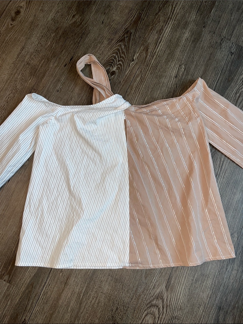 ROI Two-Tone Off-Shoulder Striped Tunic in White and Blush Pink With Shimmer
